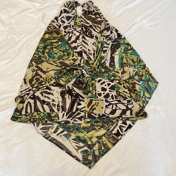 Cache unique szM green brown print with large plastic chain sleeveless top EUC - Picture 13 of 15